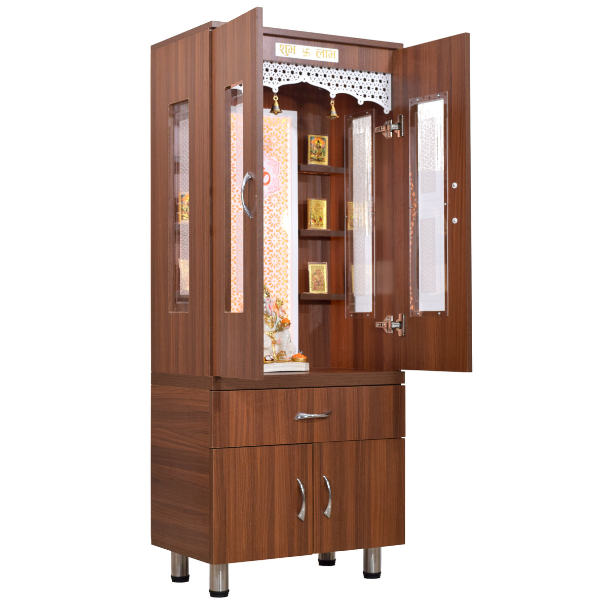 Wooden Temple With Doors Floating Shelf Led Lights And Extra Storage In Natural Teak