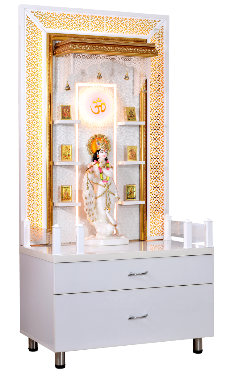 Designer Large Wooden Mandir with Floating Shelves in Hi Gloss White C