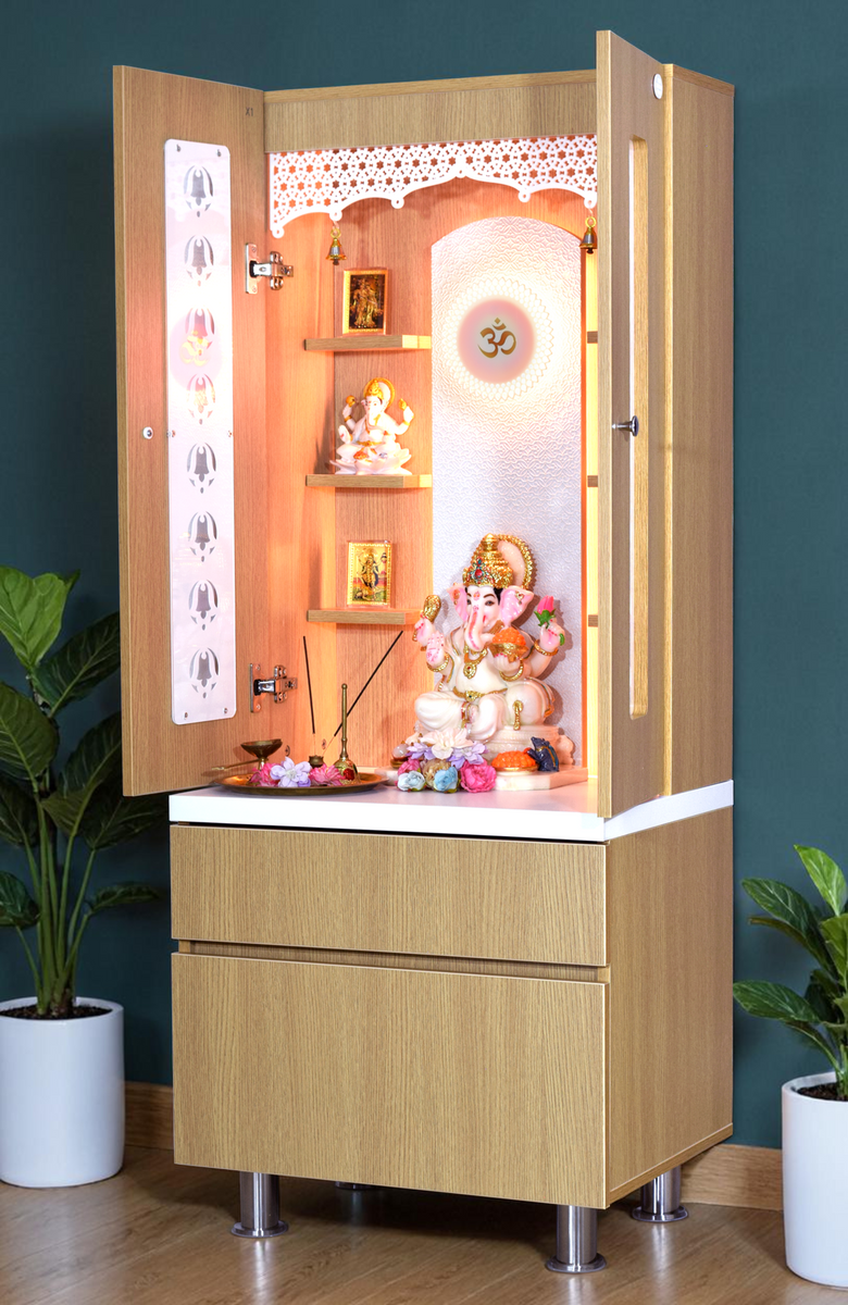 Wooden Temple With Doors Floating Shelf Led Lights And Extra Storage ...