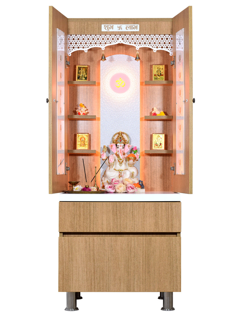 The Mandir Store Wooden Mandir with Doors and Floating Shelves in Natural Teak Laminated Color