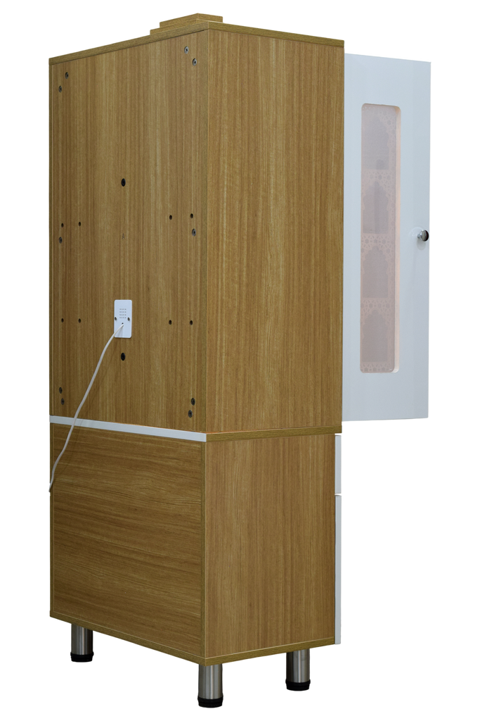 Back and side view of home temple showing teakwood exterior panels, white base storage section, sturdy construction, and cooling vent