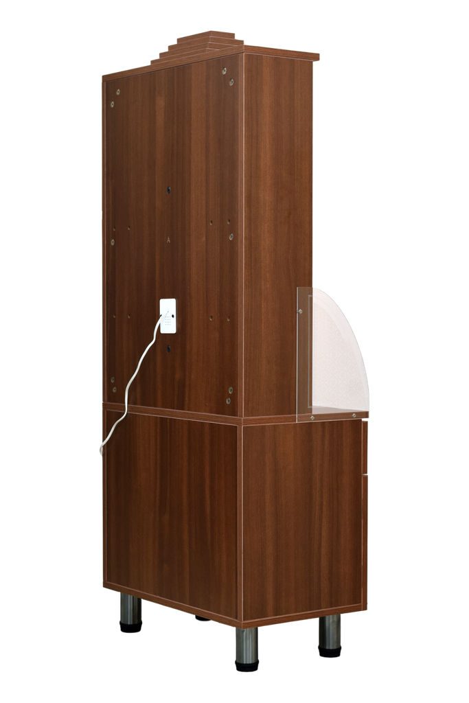 Back view of wooden mandir showing smooth wooden texture and power cable for LED lights