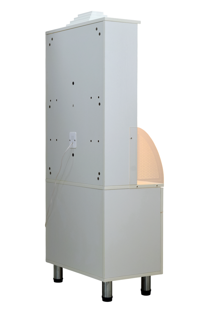 Left side view of wooden mandir with golden LED lights illuminating sanctuary and religious idols