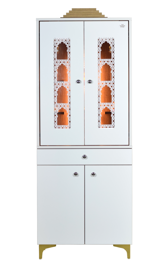 Front view of 5-foot wooden mandir with closed pocket doors in glossy white and oakwood finish