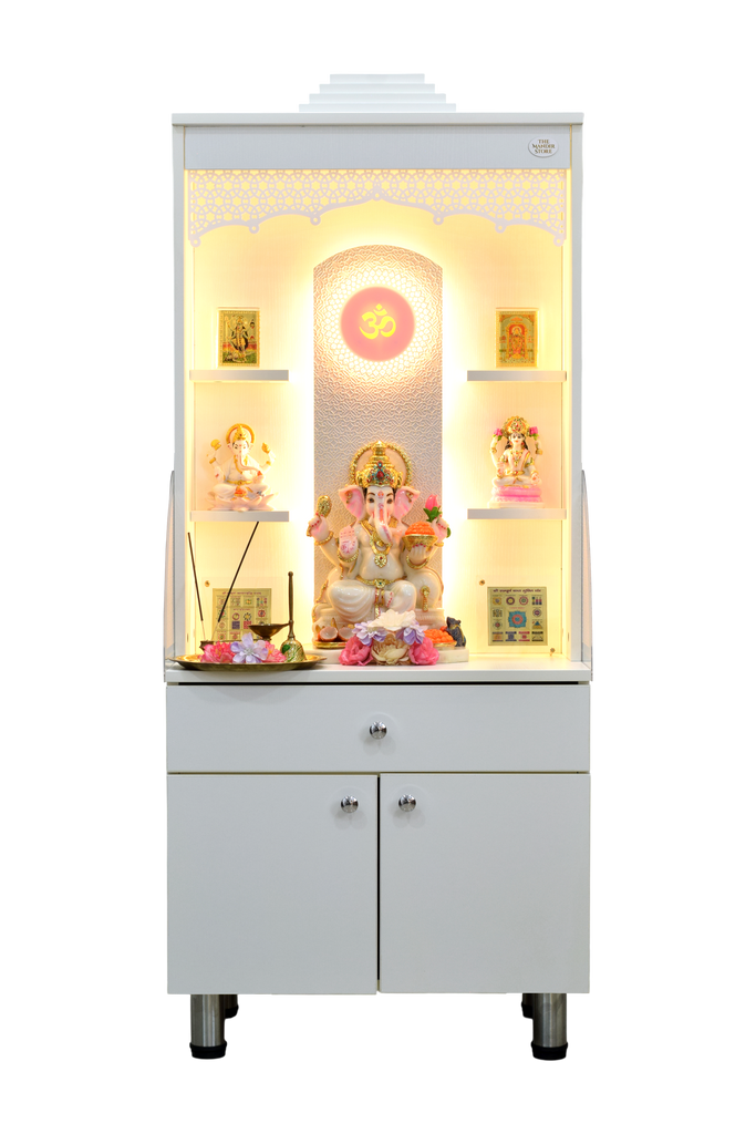 Wooden mandir with golden LED lights and decorative religious idols displayed on shelves