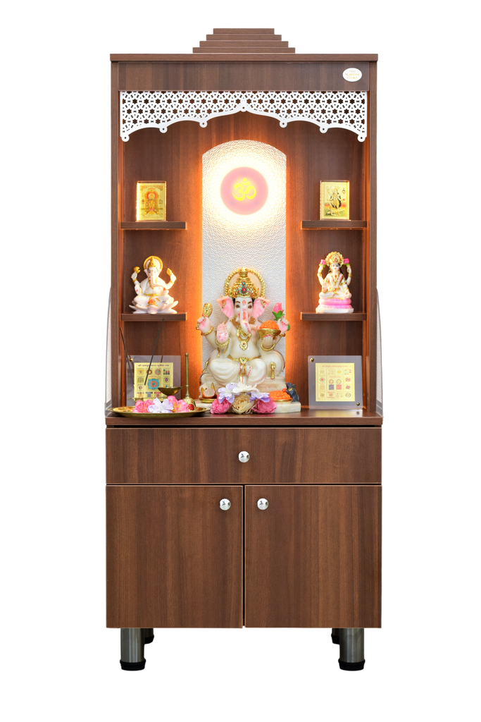 Wooden home temple with LED lights and decorative idols displayed