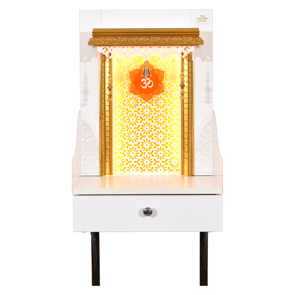 The Mandir Store Wooden Pooja Mandir for Home White Color Wall Hanging Brackets and LED Strip Lights