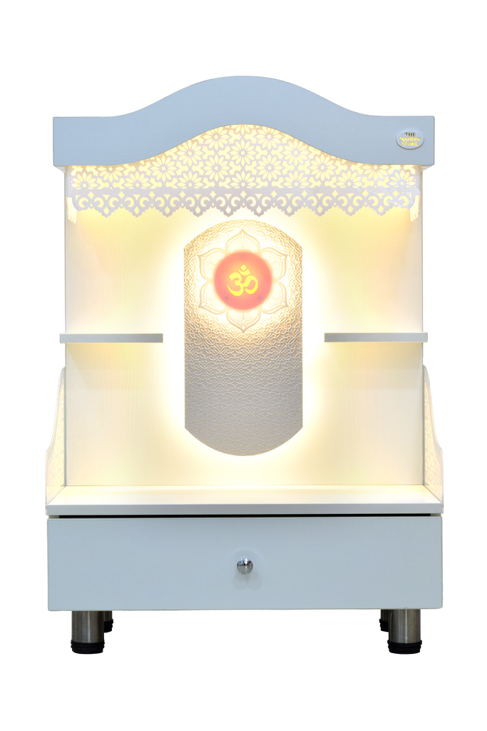 Front view of wooden mandir with golden LED strip lights illuminating the altar and main shrine area