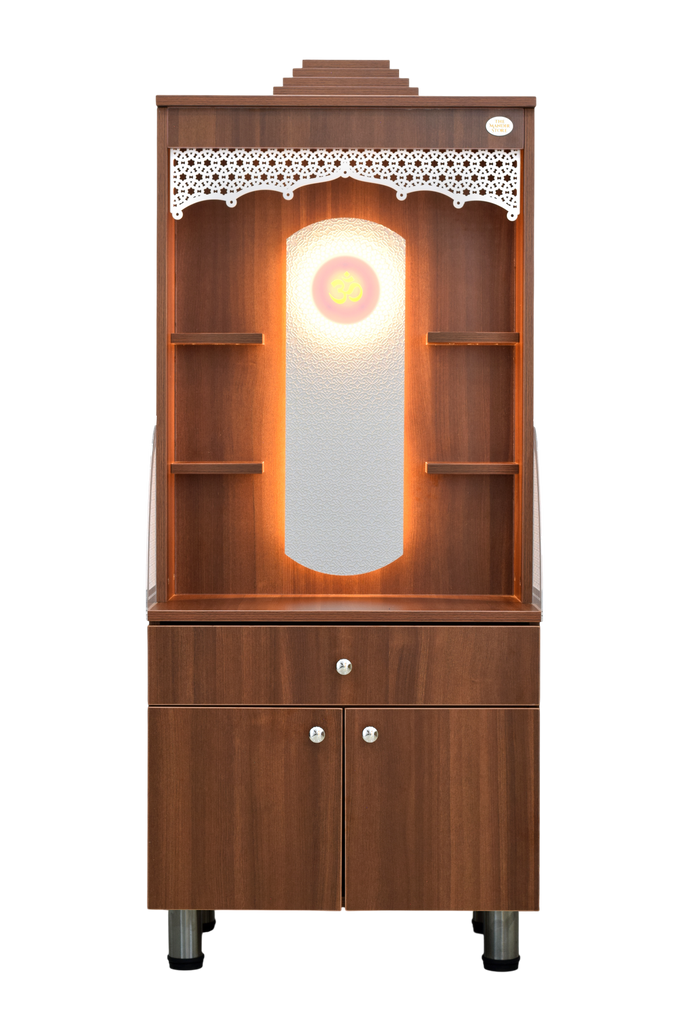 Wooden temple with glowing mirror and LED lighting showing central compartment