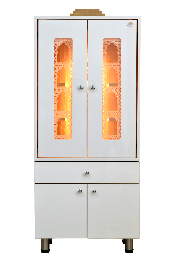 Front view of home temple with both pocket doors closed, gloss white finish, teakwood top trim, clean and elegant design