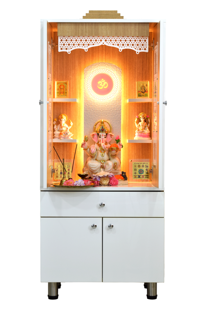 Front view of home temple with pocket doors fully open, displaying idols and deity statues with warm white LED lighting, spacious interior