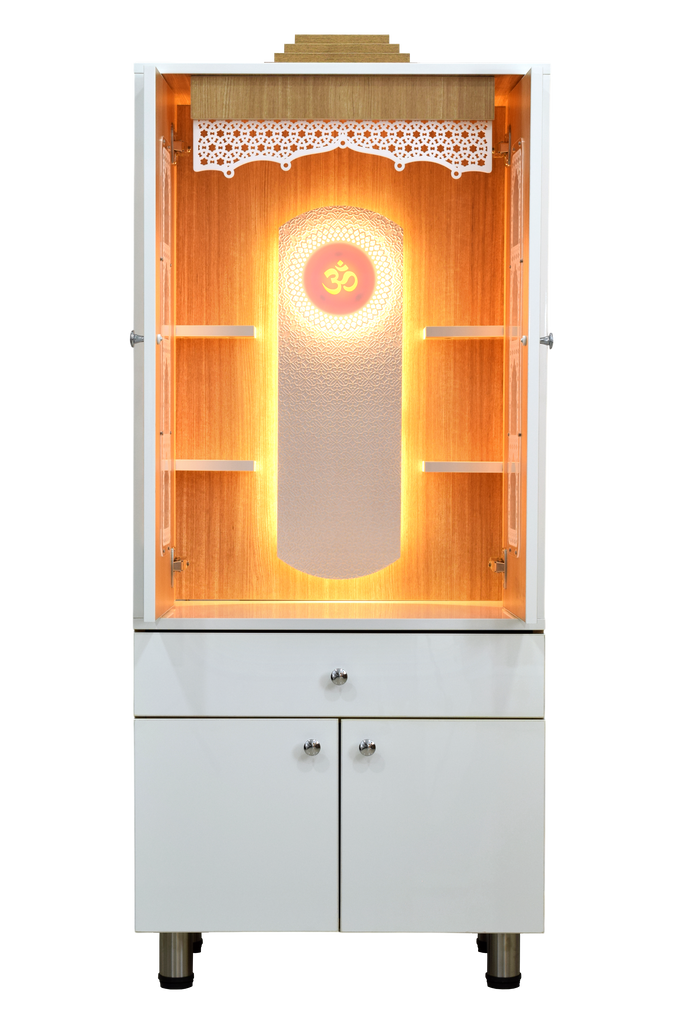 Front view of dual tone home temple with warm white LED lights and pocket doors