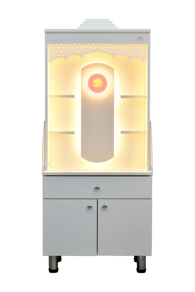 Front side view of wooden mandir showing illuminated central mirror and empty display shelves