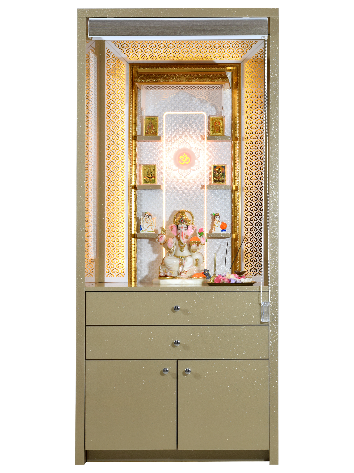 Large Wooden Mandir with Floating Shelves and Venetian Blinds – The ...