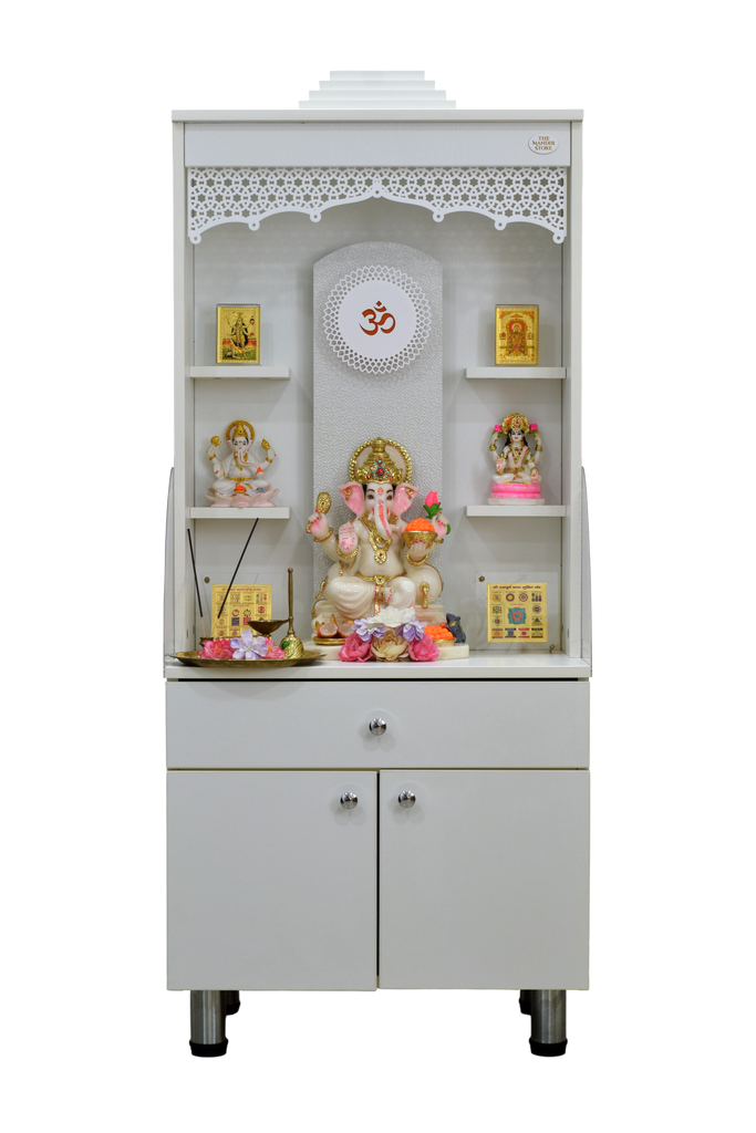 Back view of wooden mandir showing smooth wooden finish and structural design