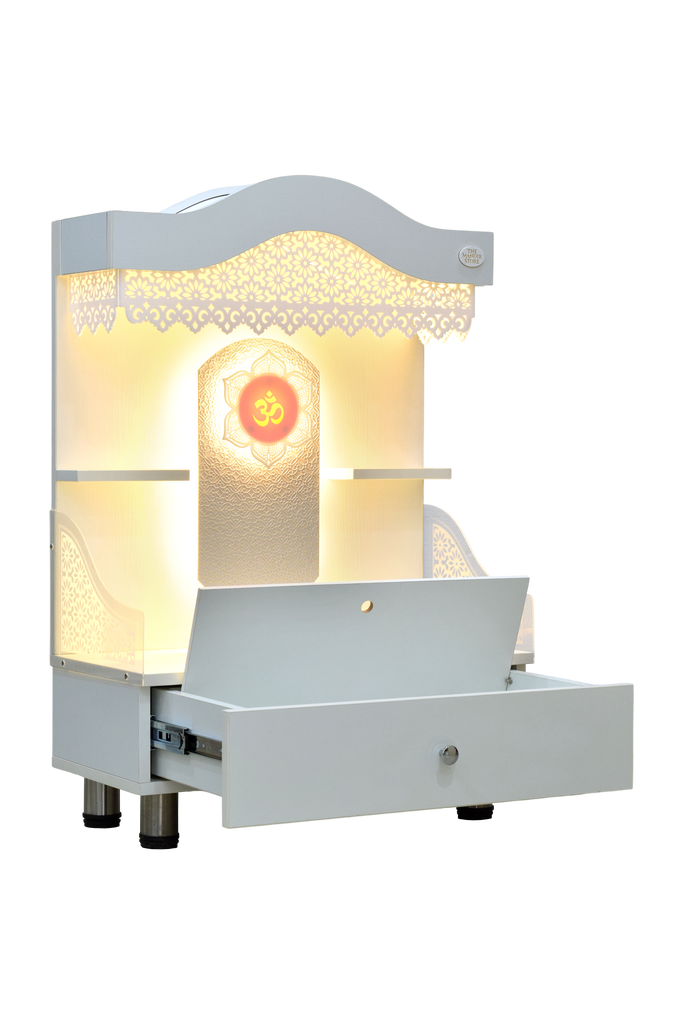 Right side view of wooden mandir showing acrylic safety panel and side structure