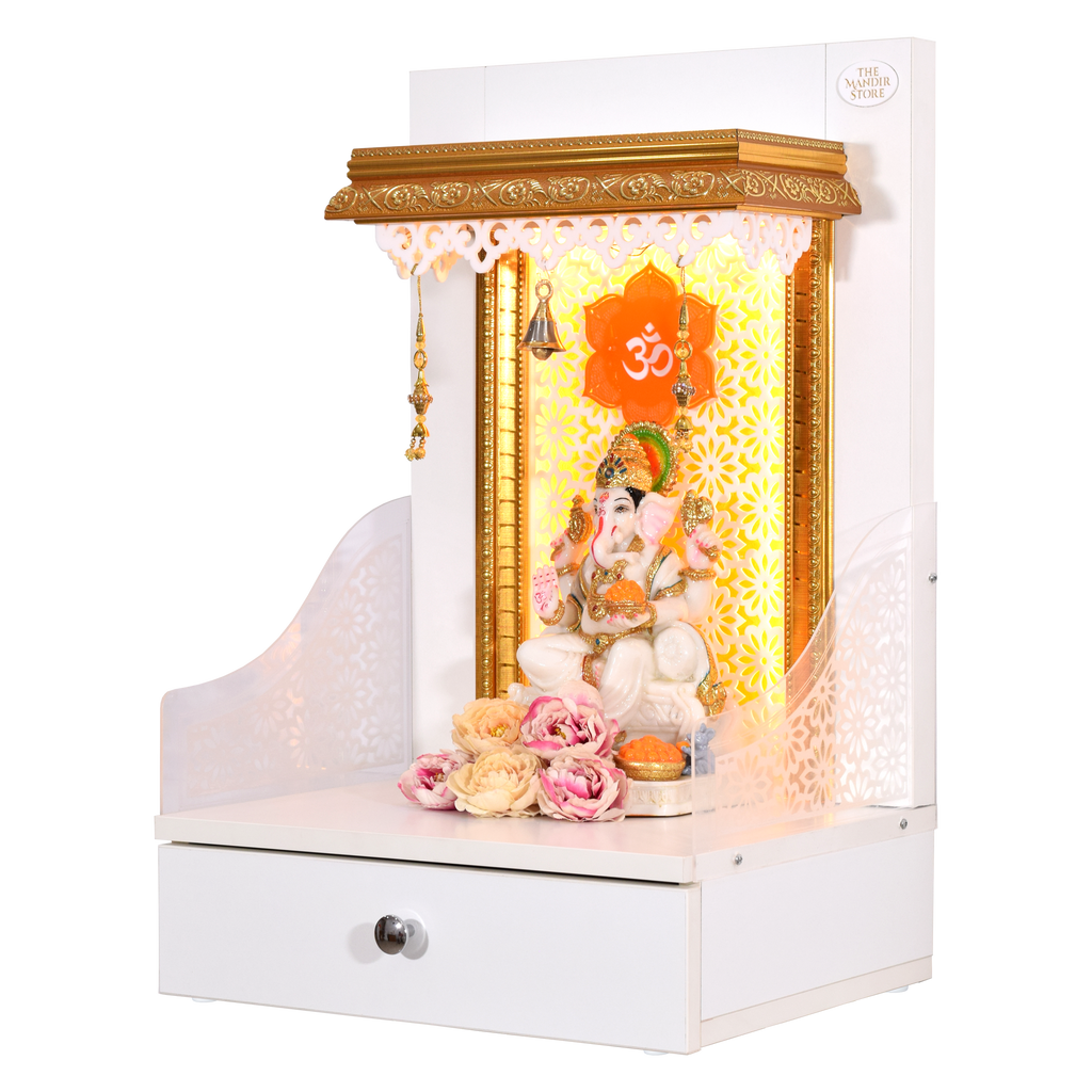 The Mandir Store Wooden Pooja Mandir for Home and Office White Color Wall Hanging Brackets and LED Strip Lights