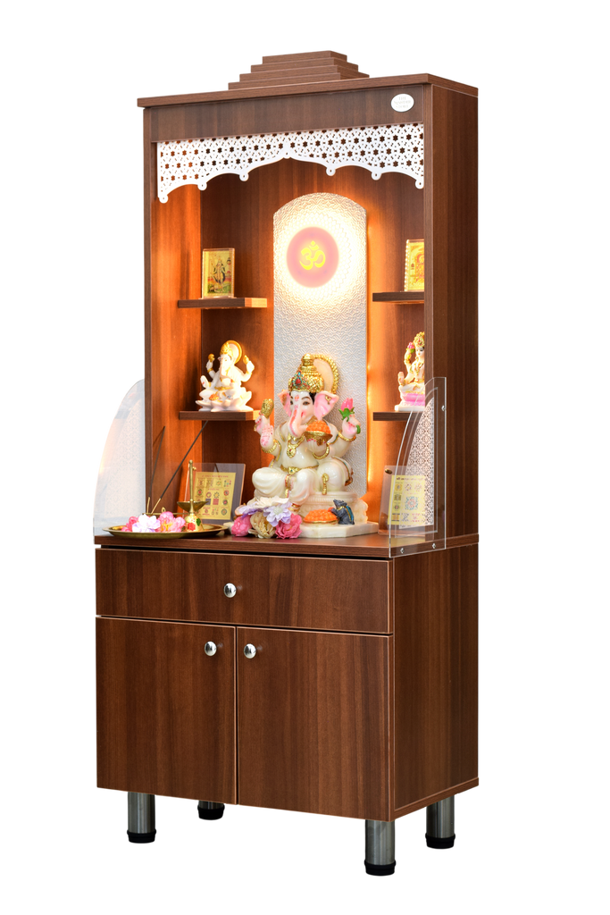 Mandir with illuminated LED lights showcasing religious idols and decorative flowers in sanctuary