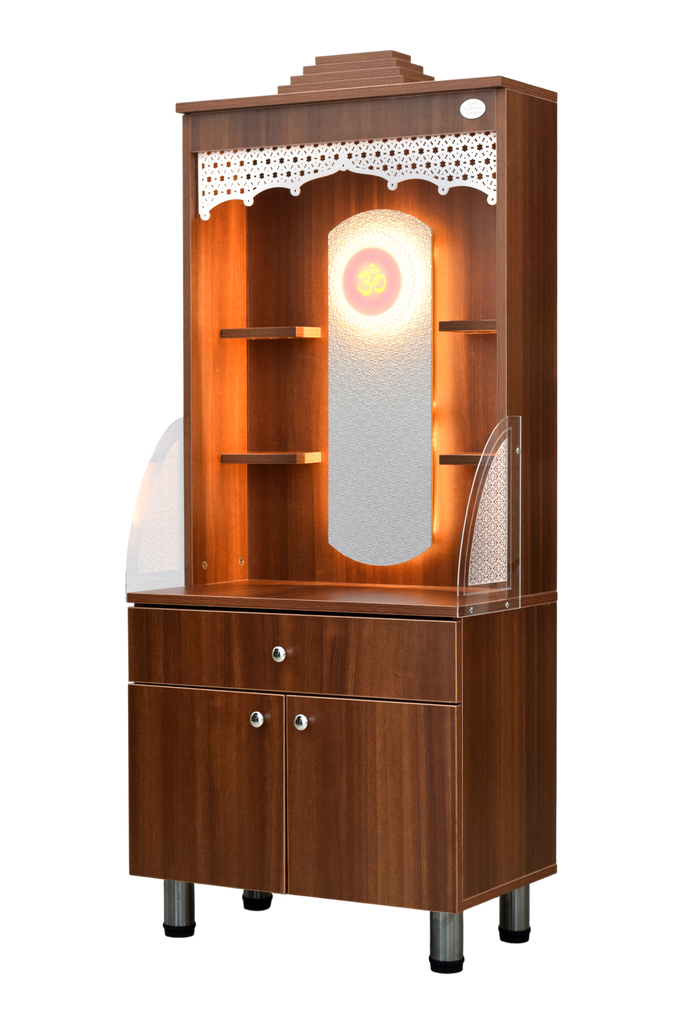 Left side view of wooden mandir with glass panels and LED illumination