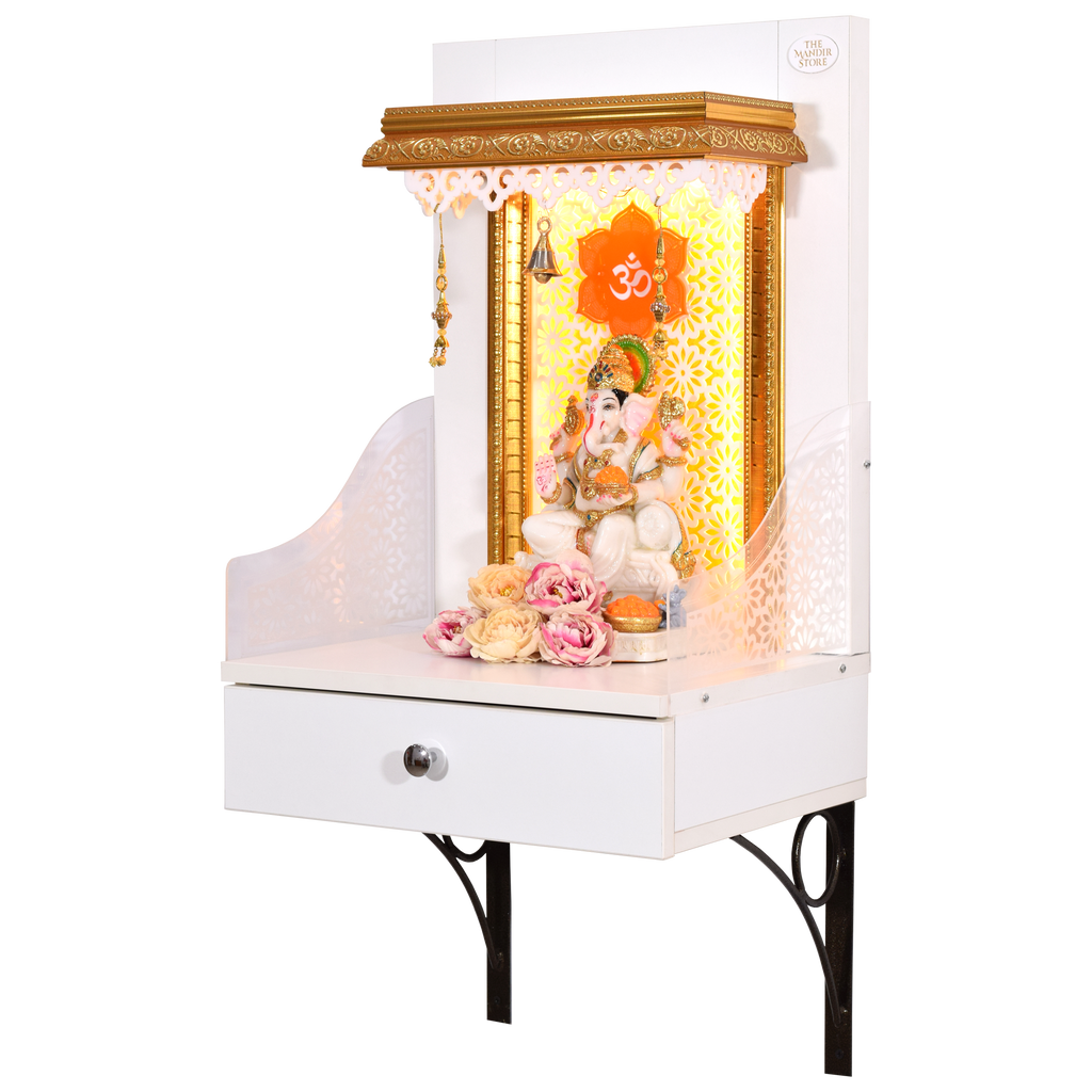 The Mandir Store Wooden Mandir for Home White Color Wall Hanging MS Brackets and LED Strip Lights