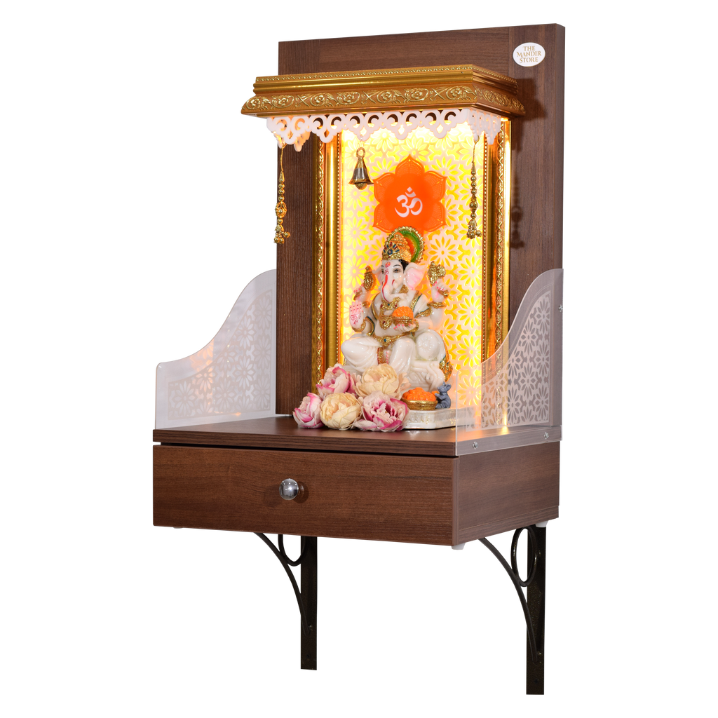 The Mandir Store Wide Wooden Temple For Home Left Side With Lights And Idol