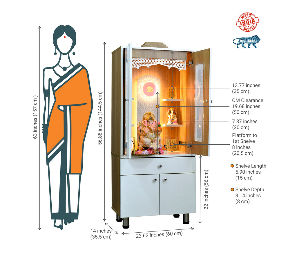 Size and dimension comparison showing mandir height, width, depth, shelf sizes with woman silhouette for scale reference