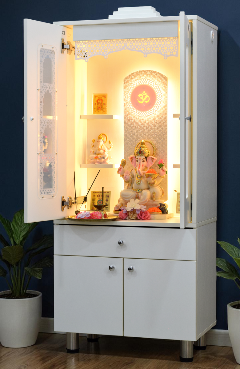 Ornamental Designer Wooden Mandir with Pocket Doors | White Color | Am ...