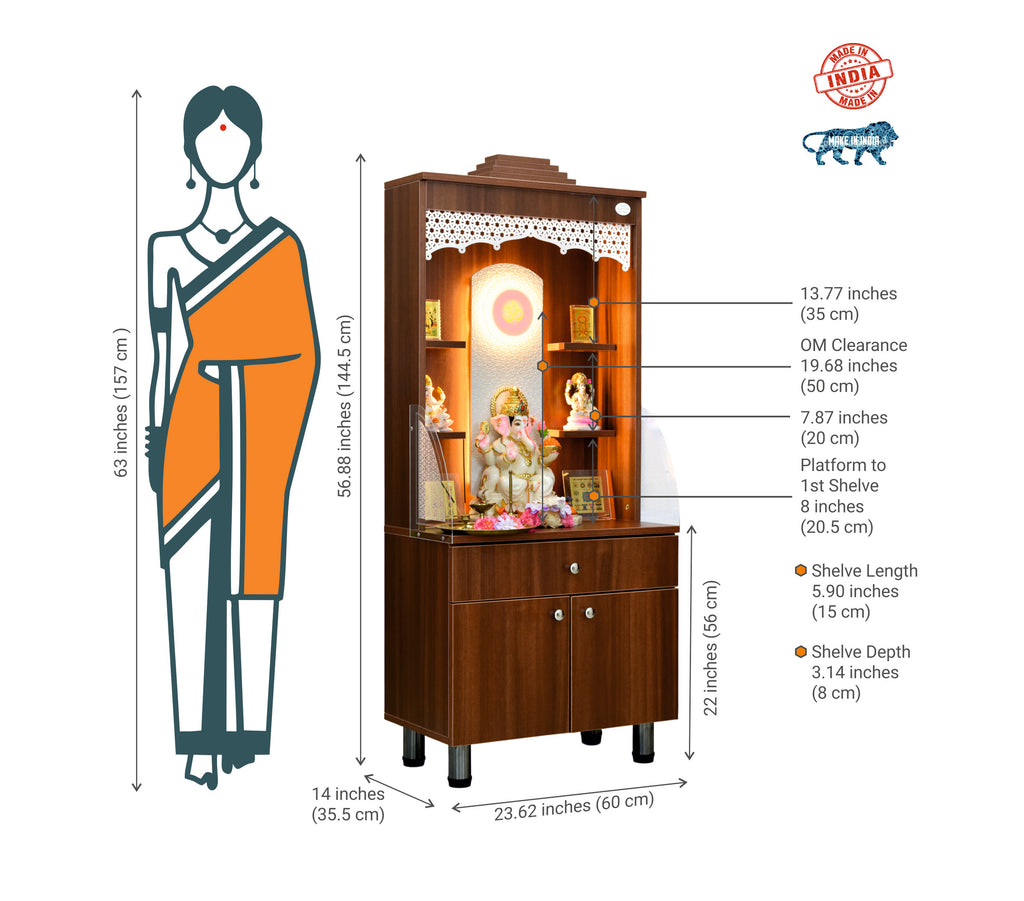 Mandir size comparison showing dimensions with a woman figure for scale