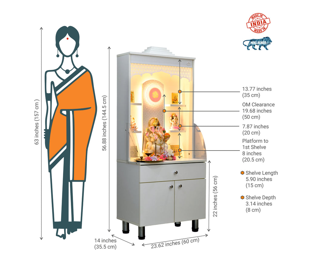Mandir size comparison with woman figure showing all dimensions in inches and centimeters with Made in India marking