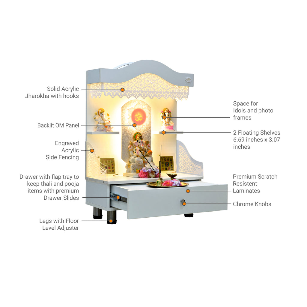 Features diagram of mandir highlighting acrylic jharokha, floating shelves, golden LED backlit panel, drawer with storage, chrome knobs and adjustable legs
