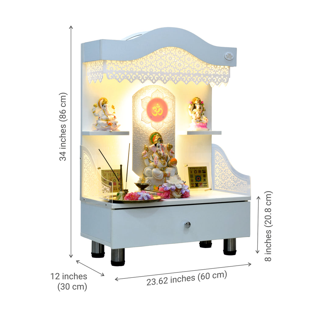Product dimensions diagram showing mandir measurements height 34 inches width 23.62 inches depth 12 inches and drawer depth