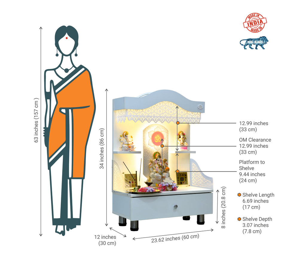 Size comparison showing mandir dimensions with woman silhouette for scale, displaying shelf measurements and platform heights