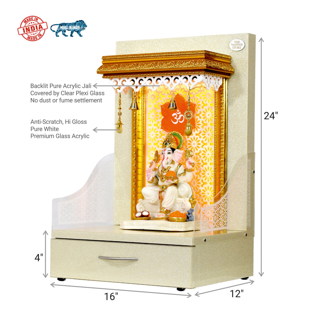 The Mandir Store 2 Feet Small wooden Home Temple in sparkling silver glass acrylic finish