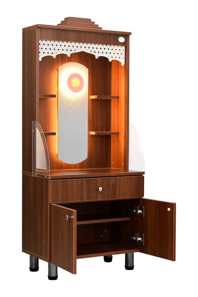 Right side view of wooden mandir with cabinet storage drawer open and shelves displaying idols