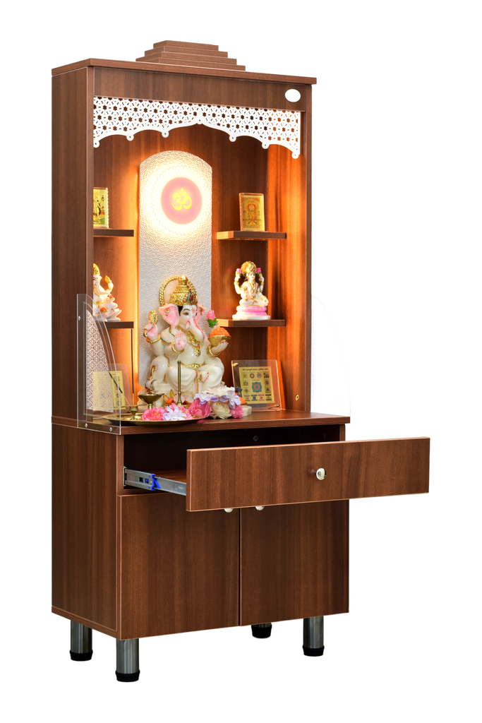 Mandir with drawer fully extended showing storage space and decorative pooja items displayed on shelves