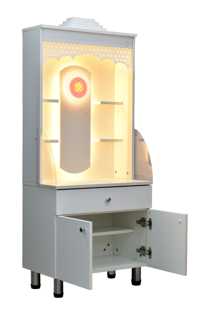 Right side view showing open cabinet storage compartments with golden LED lit sanctuary above