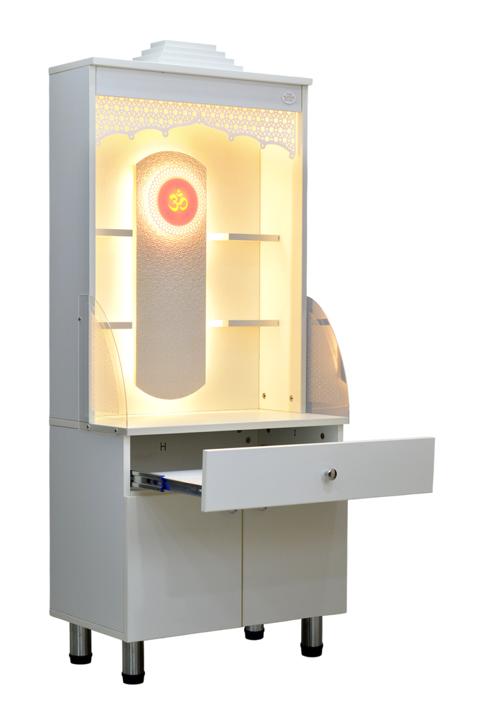 Right side view of mandir with drawer fully extended showing storage space and golden LED illumination