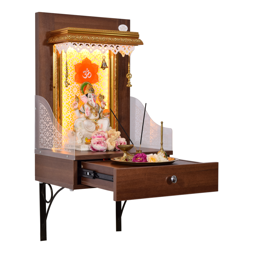 The Mandir Store Wide Wooden Temple For Home Right Side With Lights And Idol With Plate On The Drawer