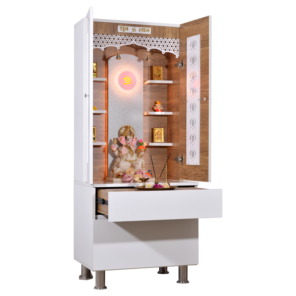 The Mandir Store Wooden Mandir with Doors Open Tray