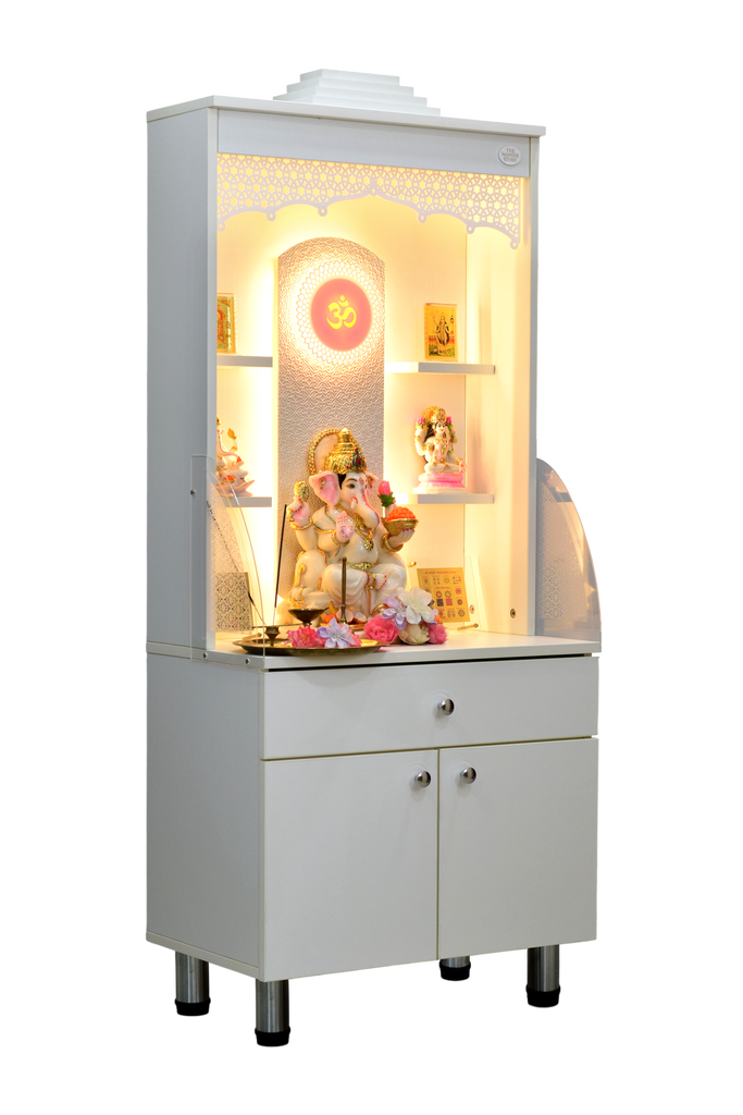 Right angle view showing illuminated wooden mandir with religious idols, flowers, and golden LED sanctuary lighting