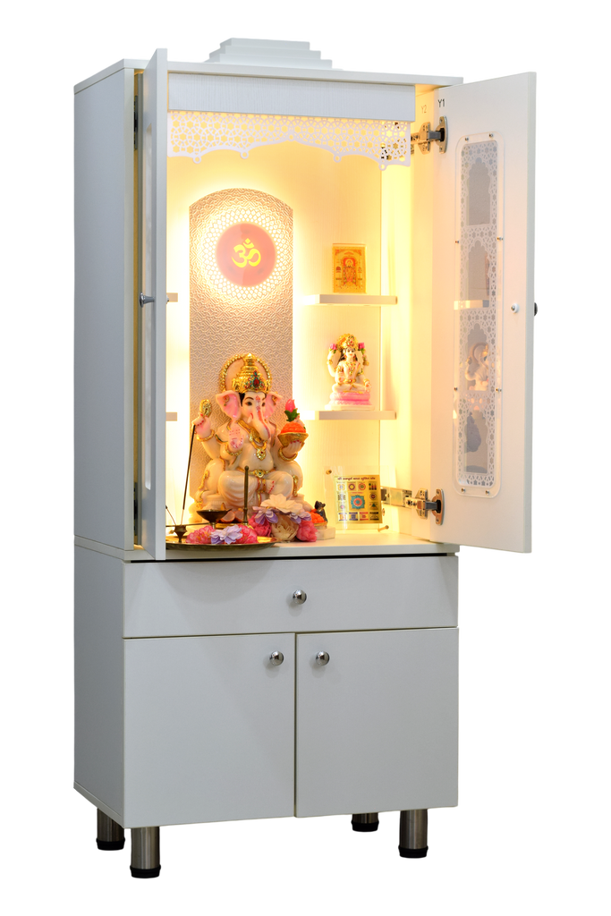 White wooden mandir with pocket doors, LED lights and storage, right side view