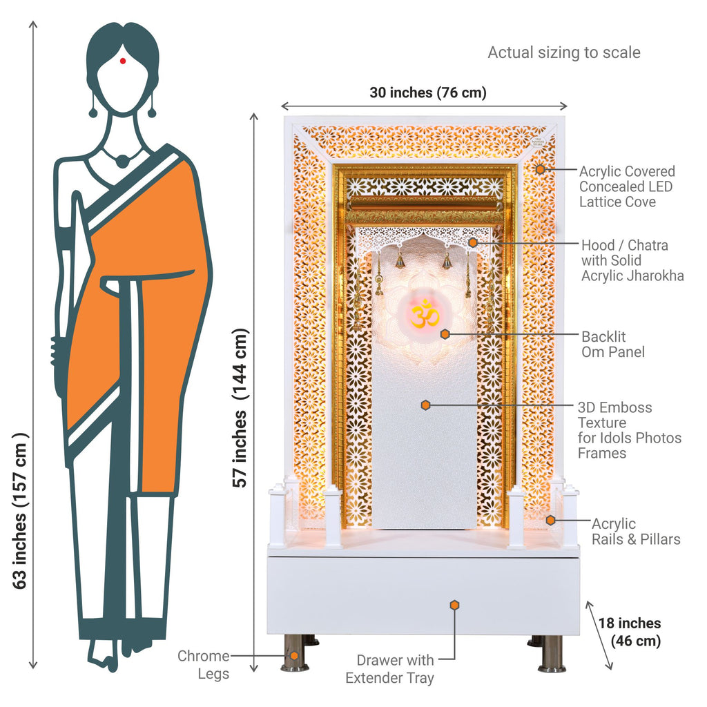 the mandir store wooden mandir in white acrylic laminate detailed actual size view featuring all the characteristics of the home temple