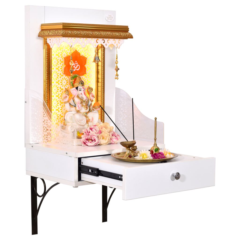 The Mandir Store Wooden Mandir for Home White Color Wall Hanging