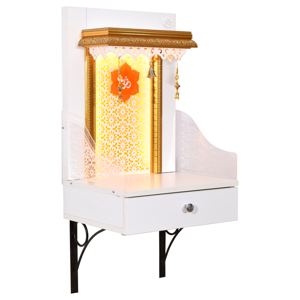 The Mandir Store Wooden Mandir for Home White Color Wall Hanging with Lights