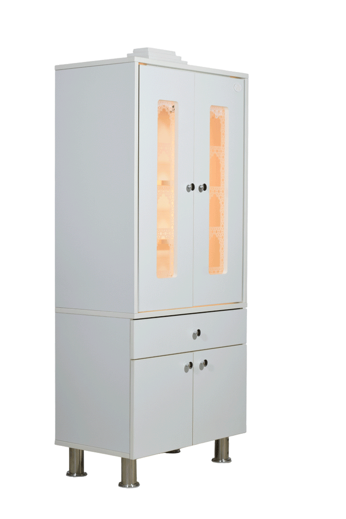 Animated view of white wooden mandir with pocket doors opening and closing, showing LED-lit interior