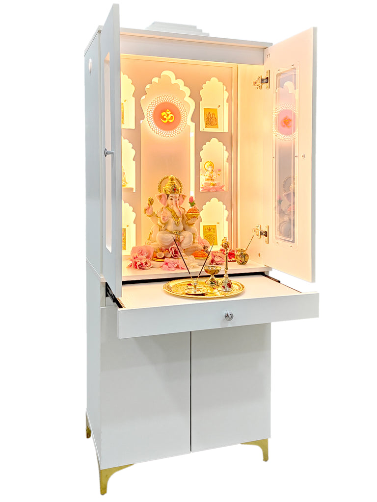 image featuring side view of the mandir store wooden pooja mandir with floating shelves and jharokha