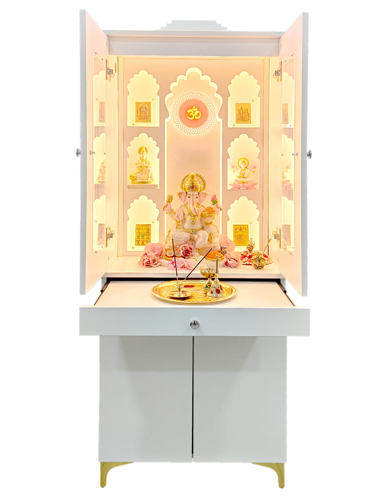 image featuring the mandir store alcove shelves wooden mandir in white laminated finish with idols and pooja essentials