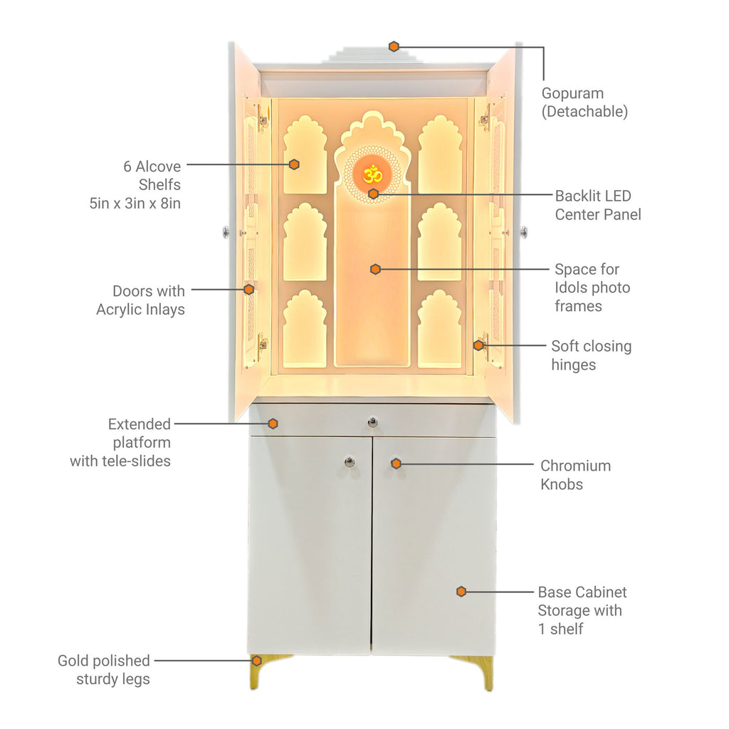 detailed size view of the mandir store wooden home temple in white color laminate finish